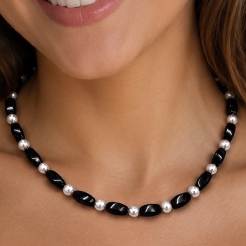 Hematite and Faux Pearl Beaded Choker Necklace Black Silver White Shimmering